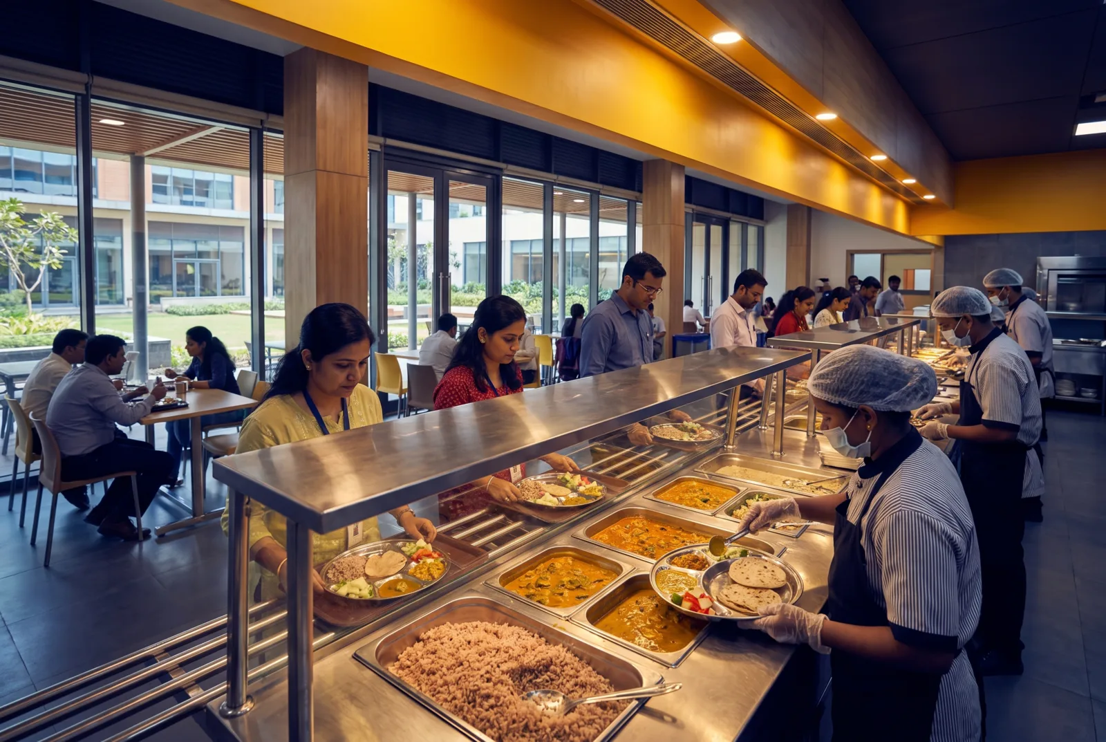 Clean campus canteen serving thali meals