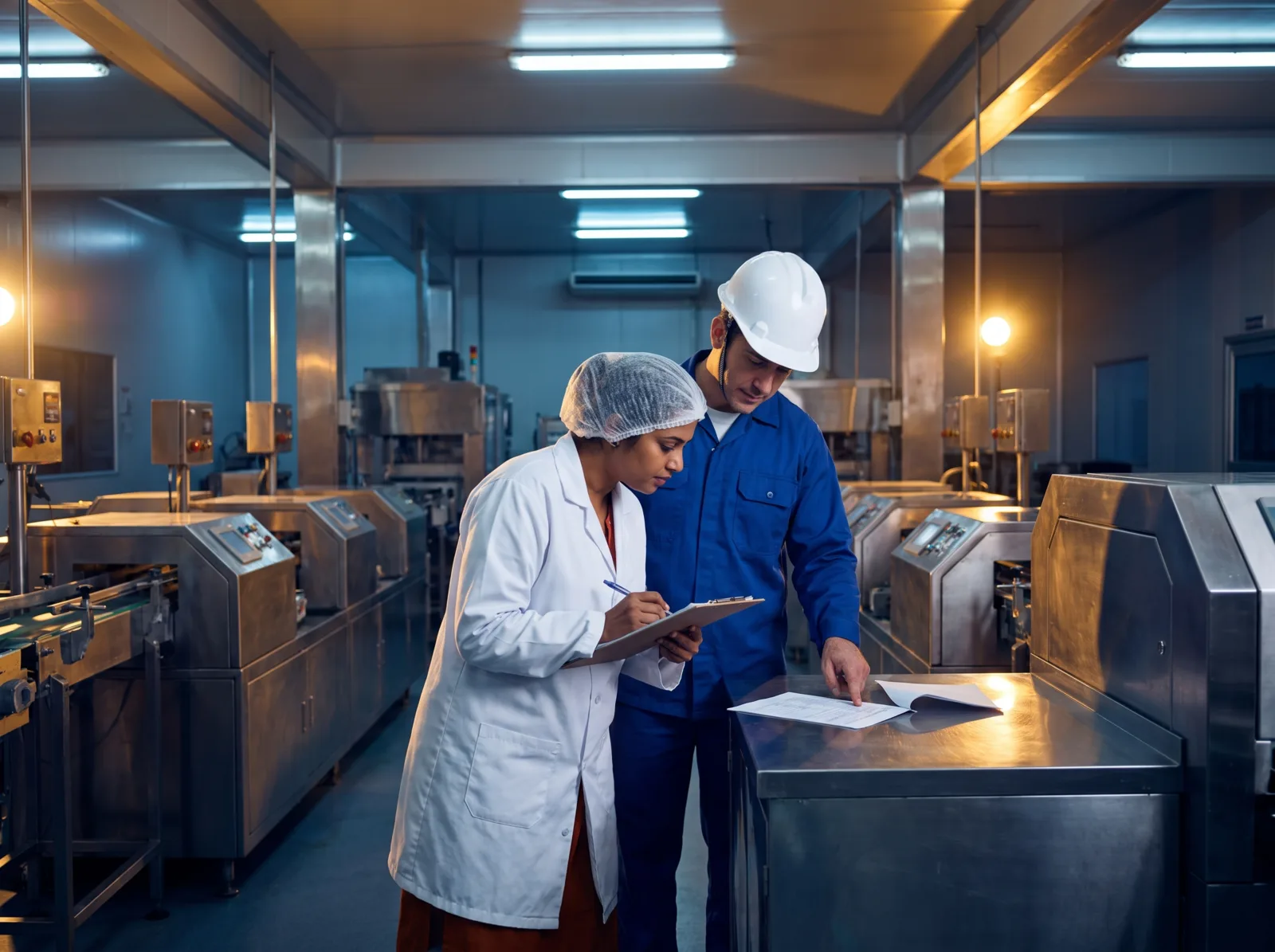 Consultant reviewing a food safety checklist in a processing hall