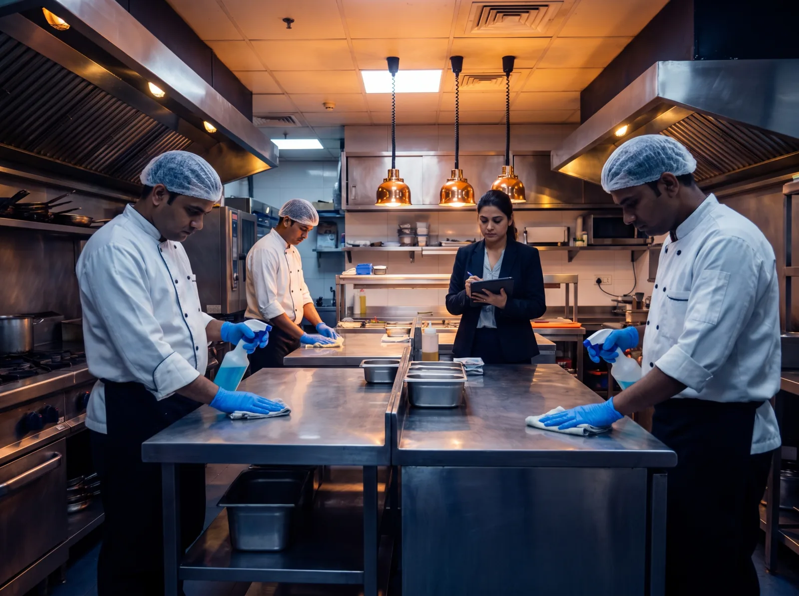 Kitchen staff sanitising stainless surfaces