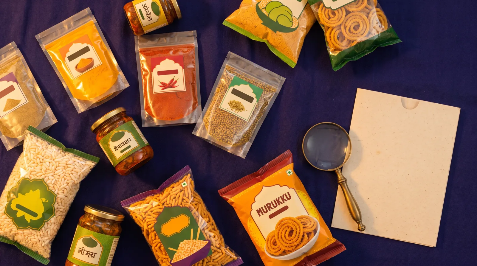 Packaged Indian food products beside a licence folder and magnifying glass